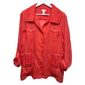Chicos Sheer Utility Jacket Large Orange Lightweight Button Up